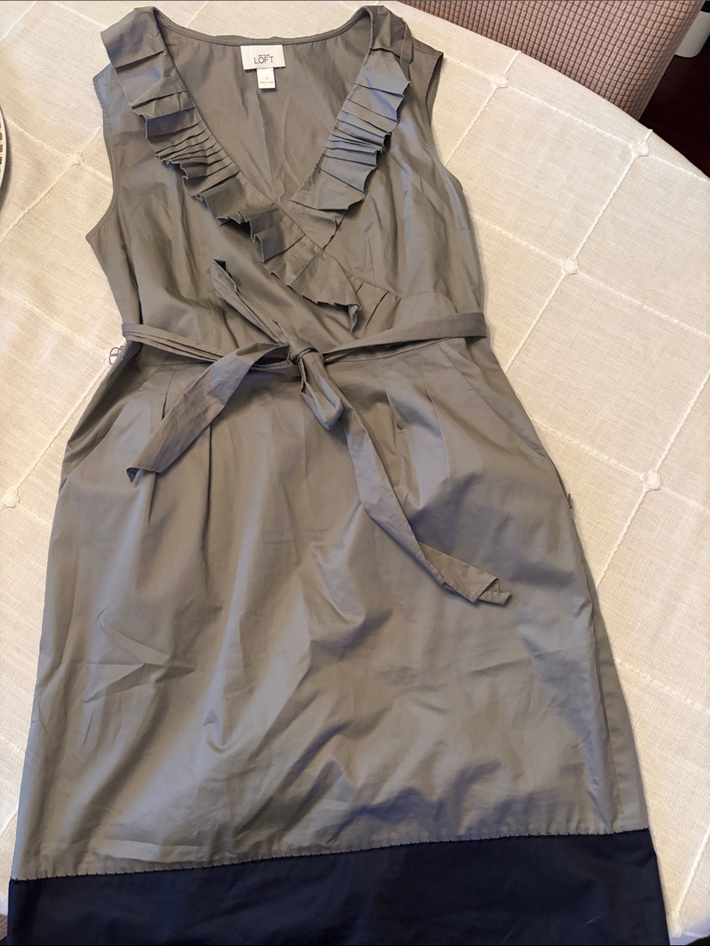 LOFT Gray Sleeveless Ruffle Wrap Midi Dress with Black Hem